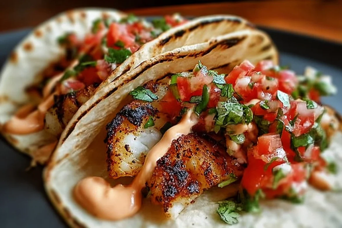Grilled fish tacos topped with spicy mayo and pico de gallo on a plate.