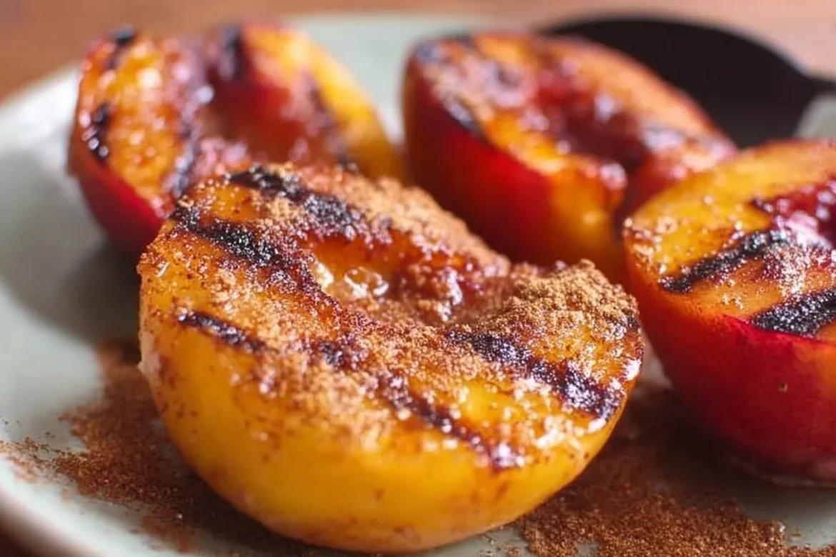Delicious grilled peaches topped with cinnamon and brown sugar on a plate