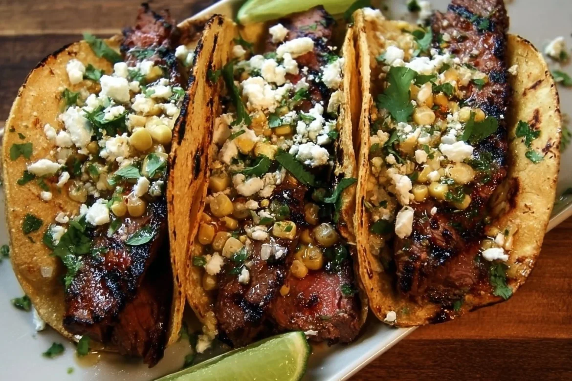 Grilled steak elote tacos topped with fresh ingredients and served on a plate.