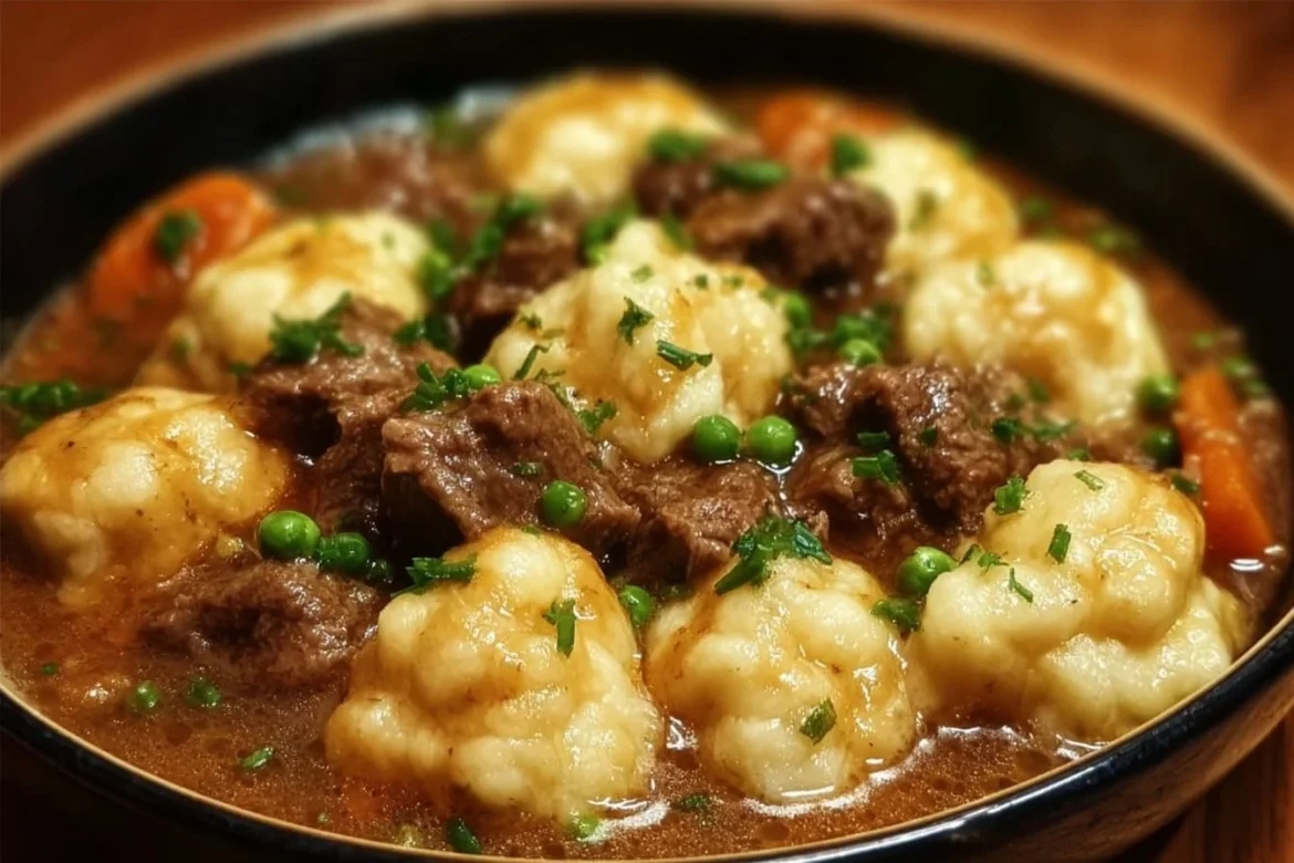 Hearty Ground Beef and Dumplings dish served in a bowl
