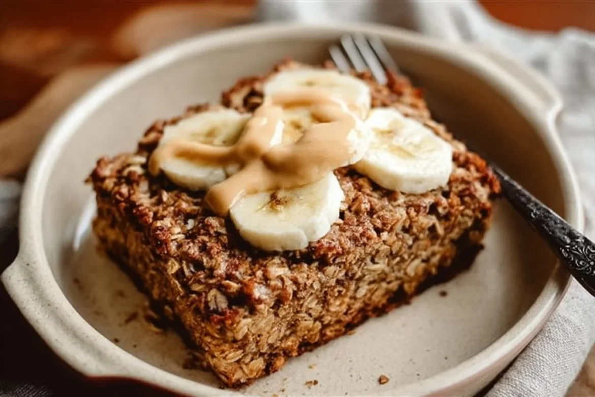 Healthy banana bread baked oatmeal topped with nuts and bananas in a bowl.