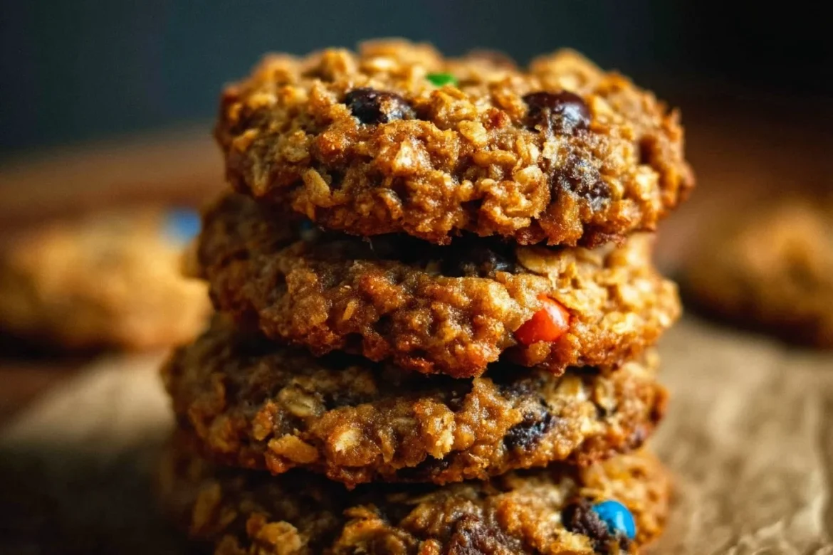 Healthy banana monster cookies stacked on a plate