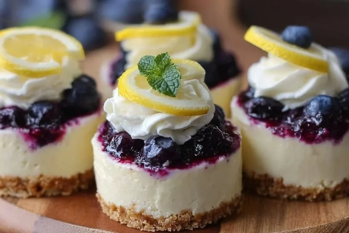 Healthy mini lemon blueberry cheesecakes topped with fresh blueberries