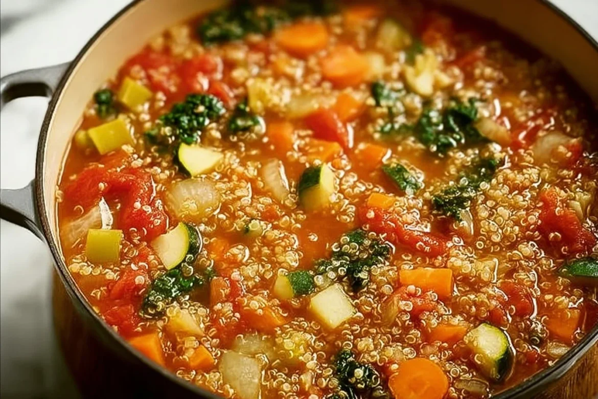 Bowl of healthy quinoa vegetable soup with fresh vegetables and herbs