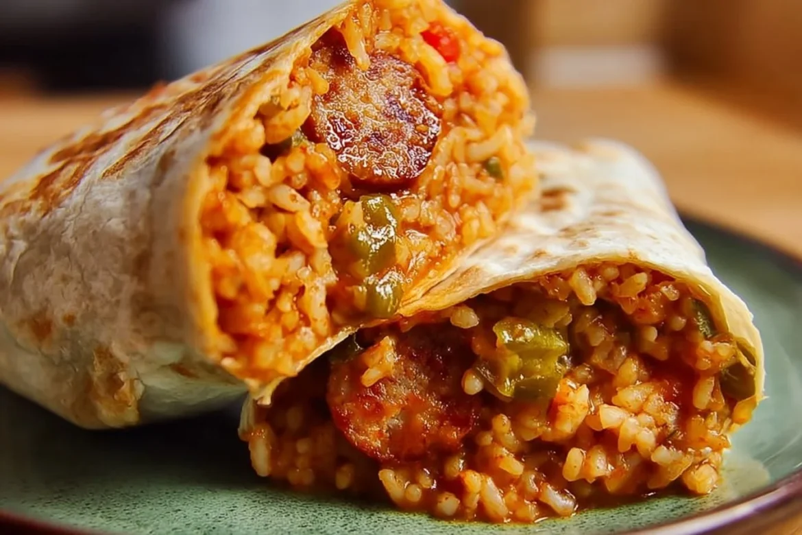 Hearty jambalaya burrito filled with rice, sausage, shrimp, and spices.