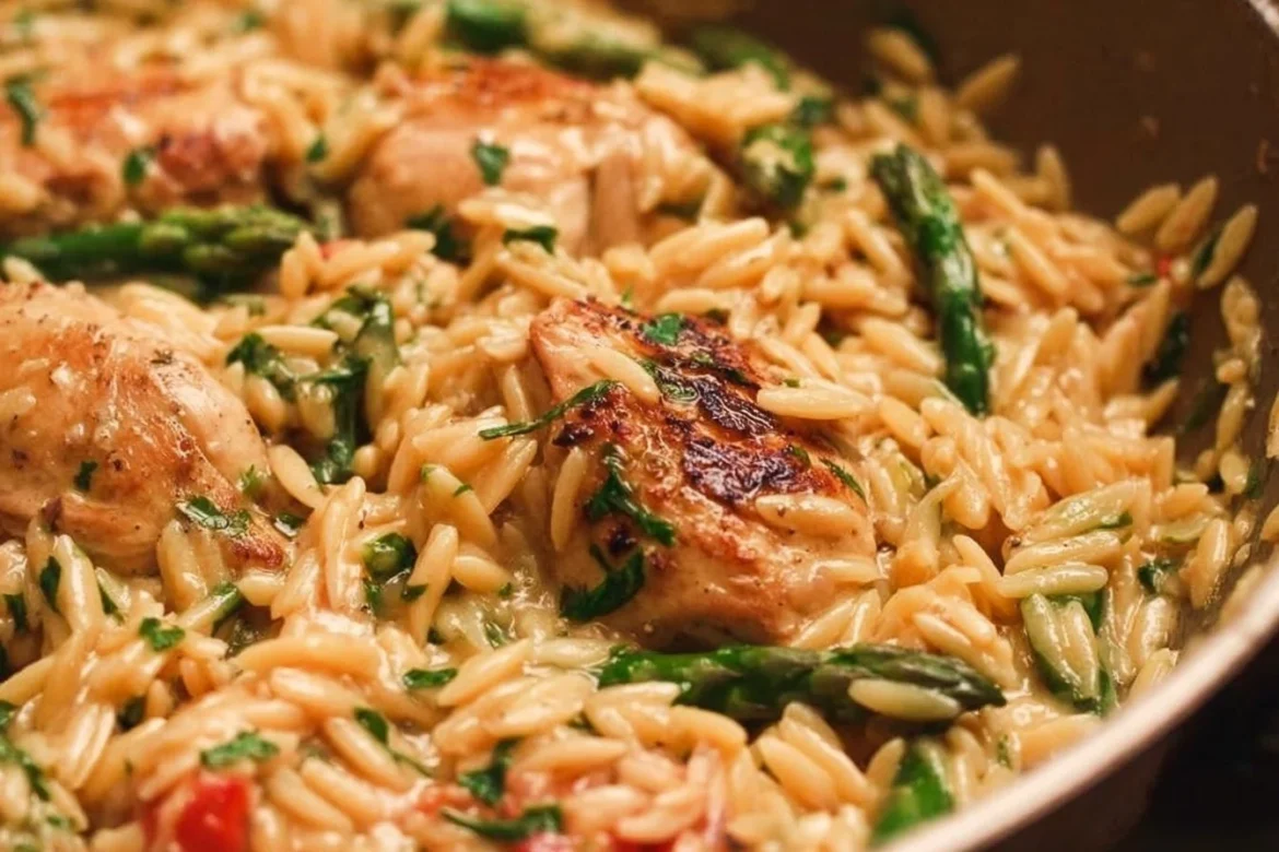 High protein chicken orzo dish garnished with fresh herbs and vegetables