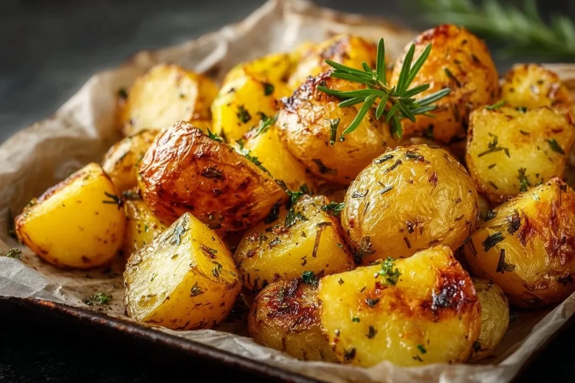 Homemade buttery roasted potatoes served in a dish