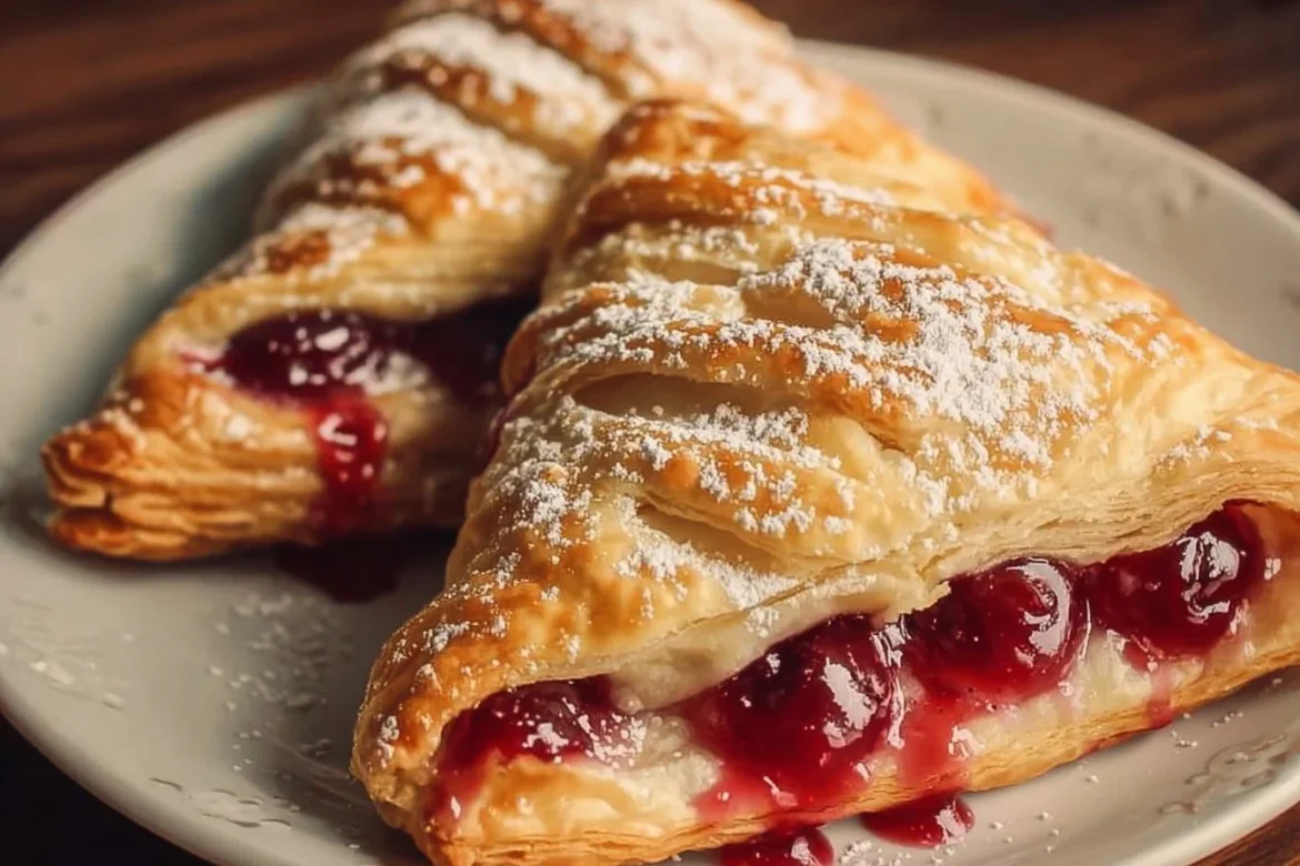 Freshly baked homemade cherry turnovers on a rustic wooden table.