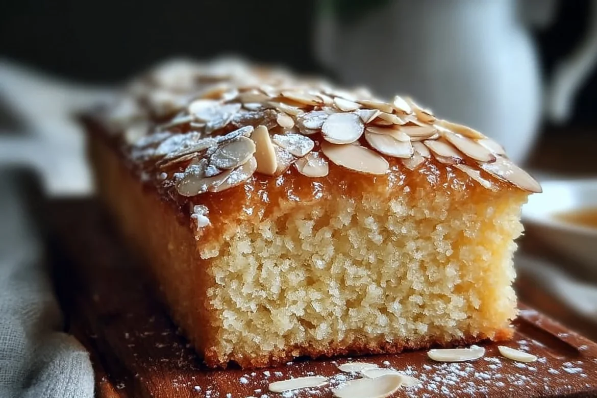 Delicious Honey Almond Vanilla Cake topped with almond slivers and honey glaze