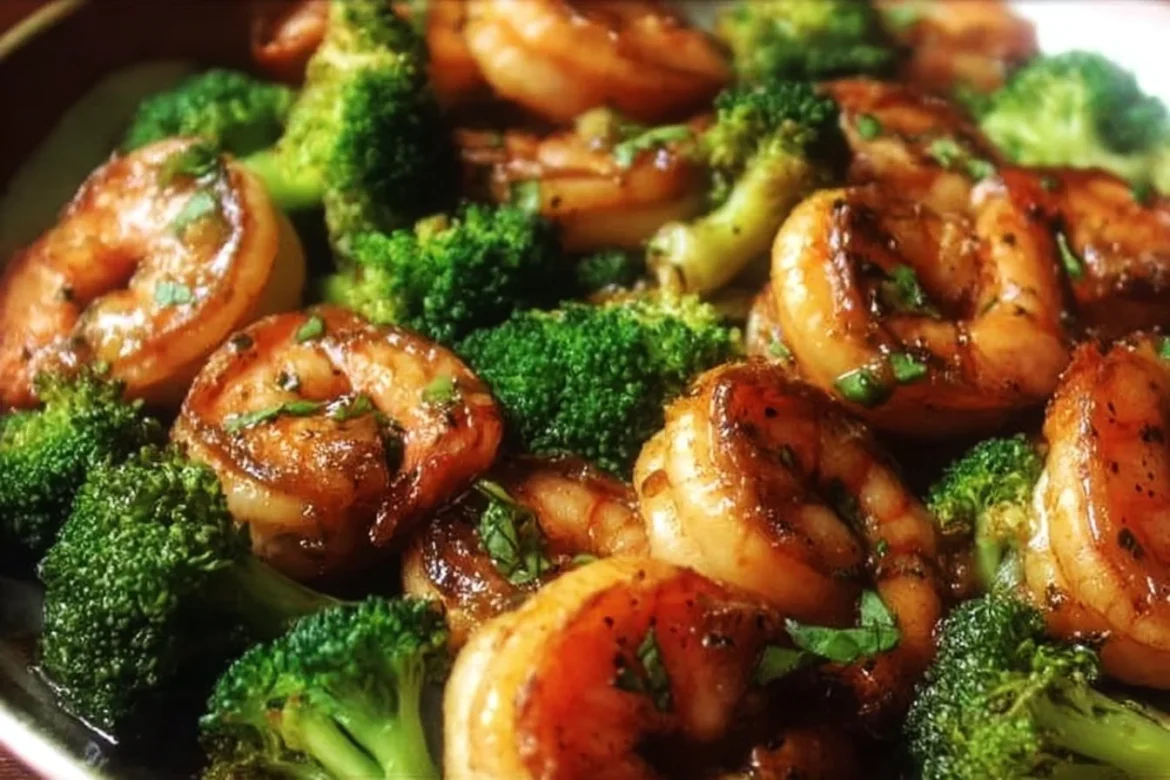 Plate of honey garlic butter shrimp served with broccoli on a rustic wooden table.
