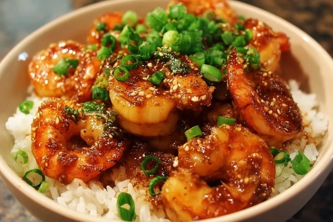 Delicious Honey Garlic Shrimp Bowl with vegetables and rice