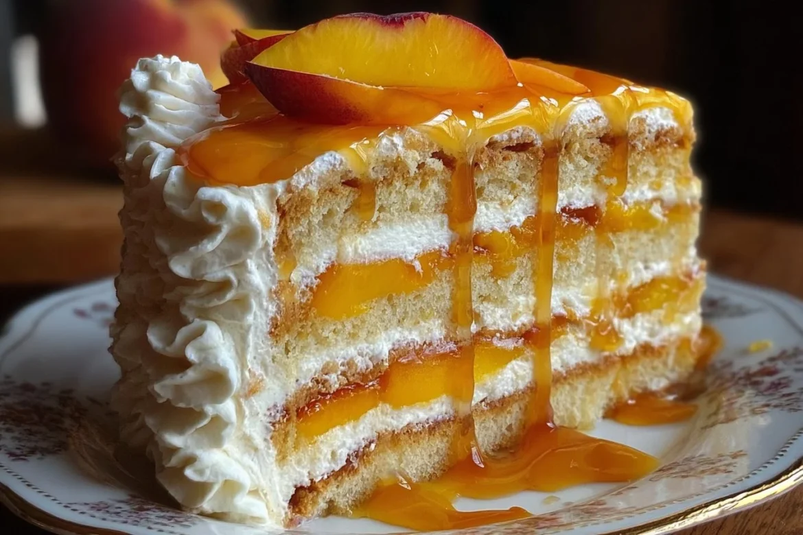 Delicious Honey Peach Layer Cake with fresh peaches and honey glaze.