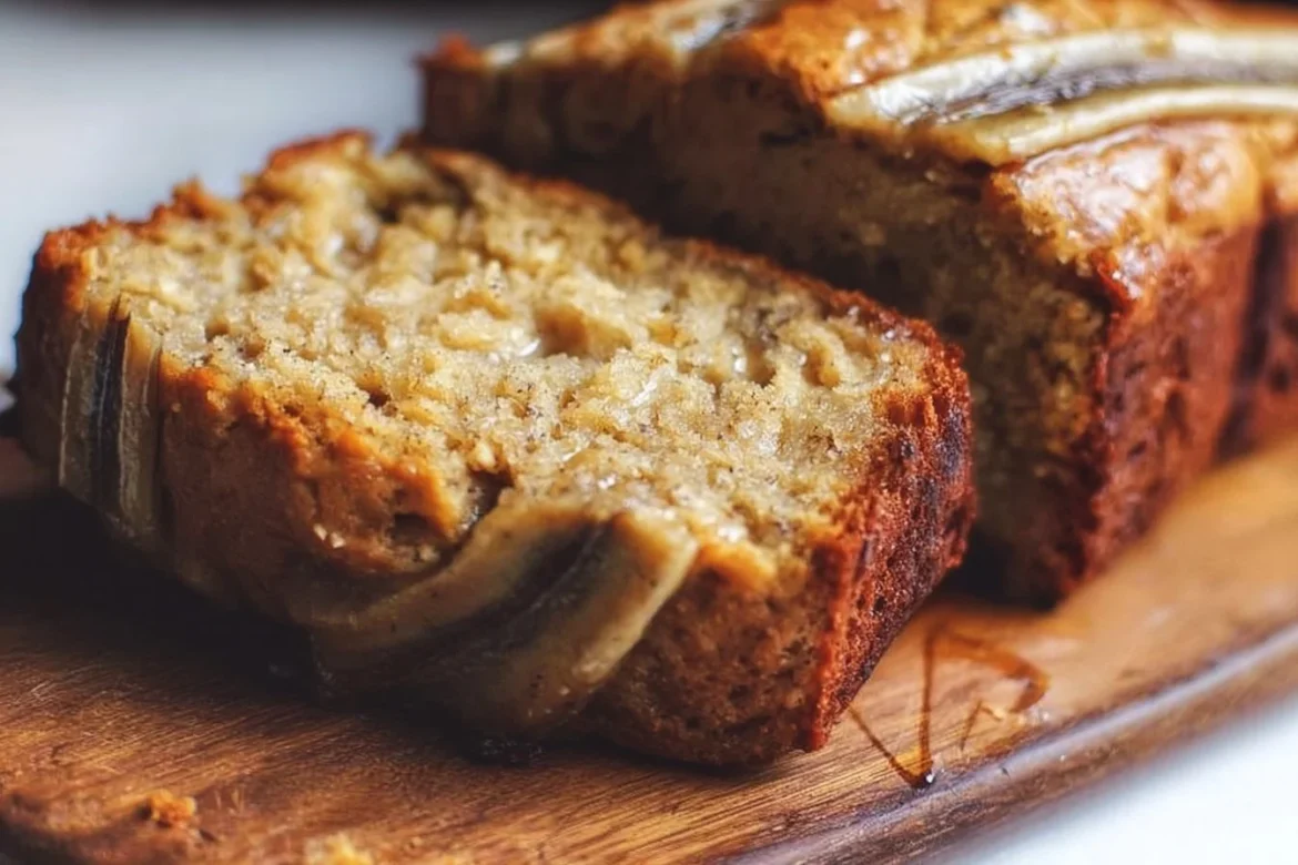 Freshly baked honey vanilla banana bread with slices on a wooden board