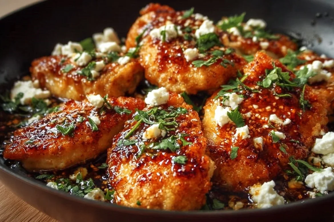 Hot Honey Feta Chicken dish garnished with herbs and drizzled with honey.