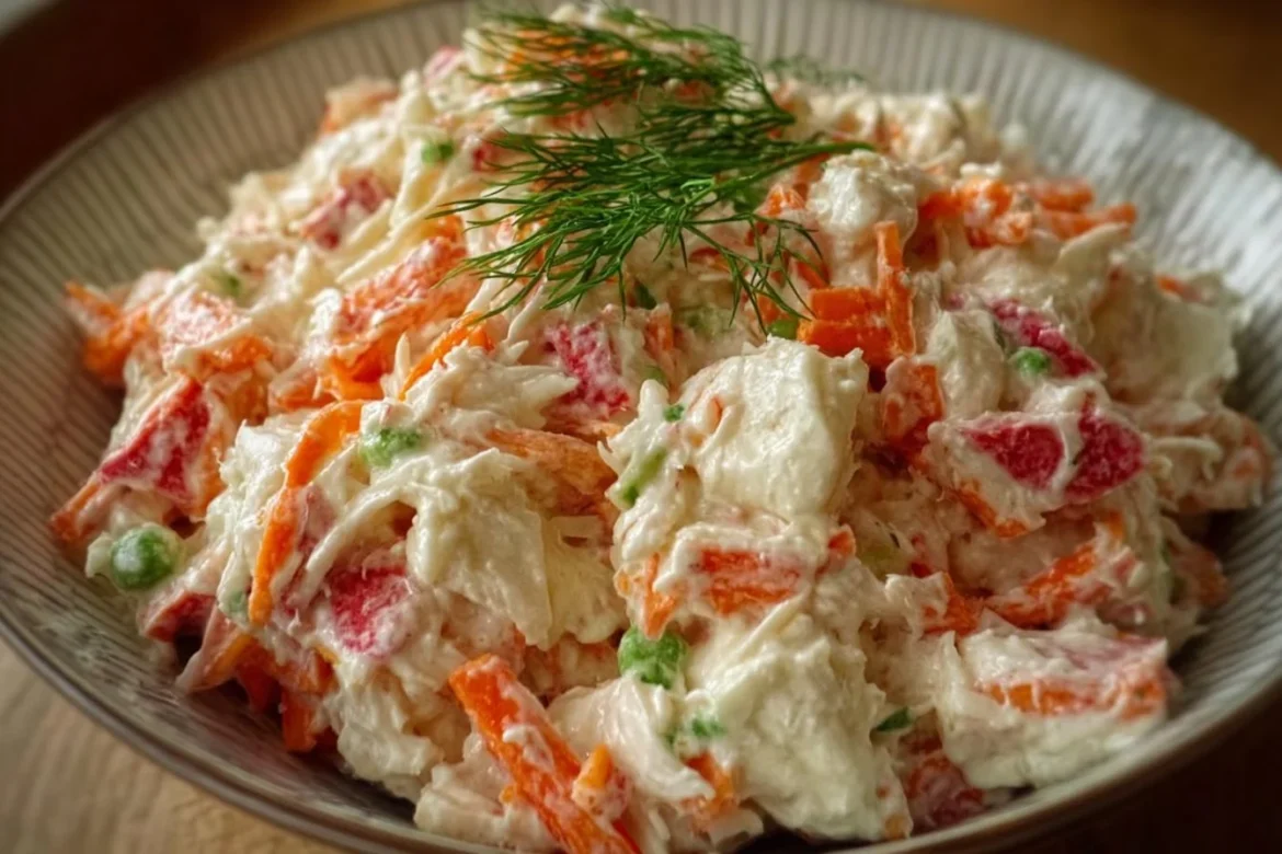 Bowl of delicious imitation crab salad with fresh vegetables and dressing