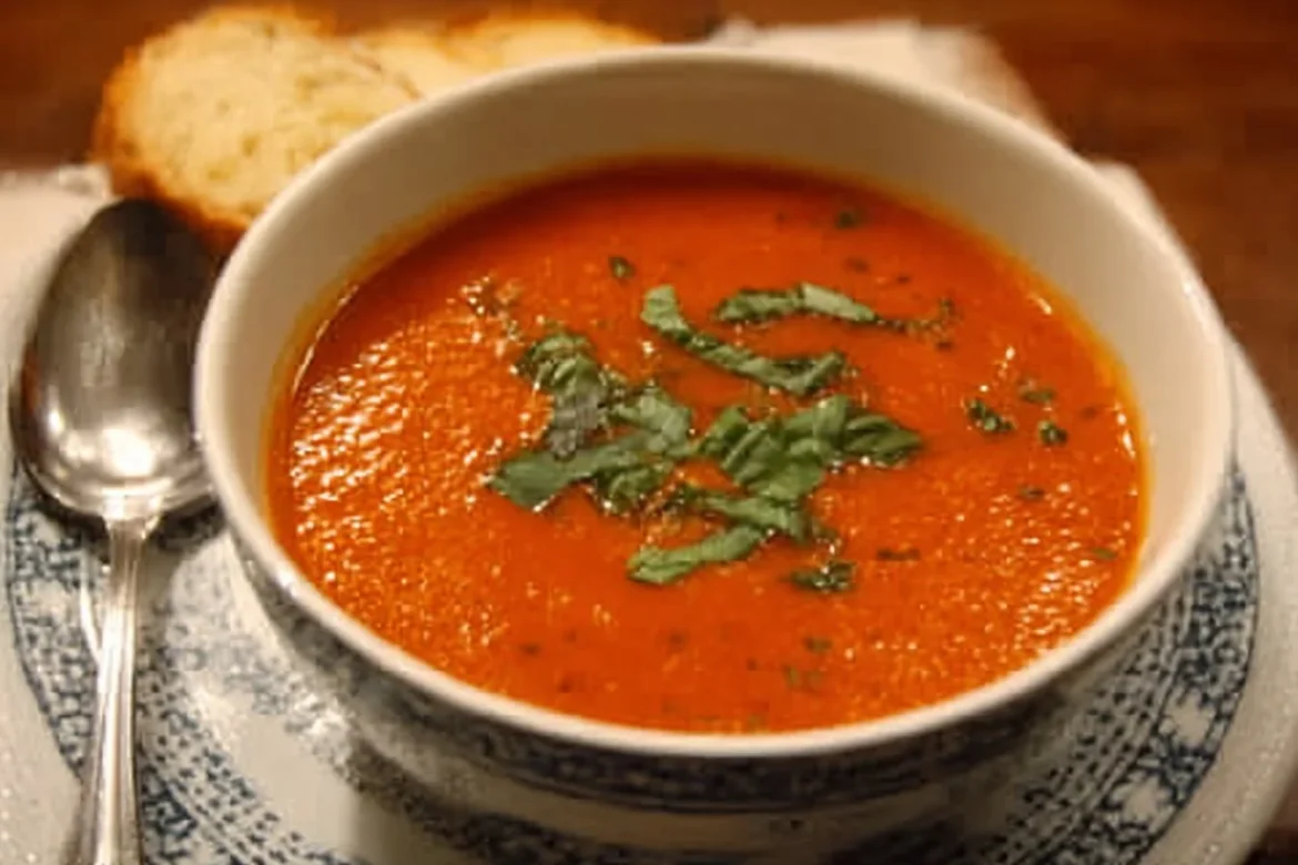 Bowl of Ina Garten's roasted tomato basil soup garnished with fresh basil leaves.