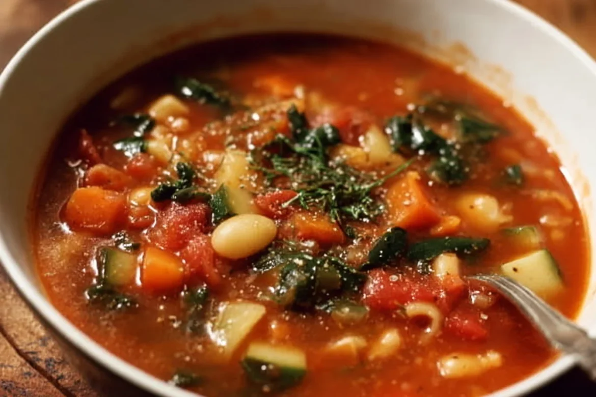 Bowl of Ina Garten's Winter Minestrone Soup with fresh vegetables and herbs