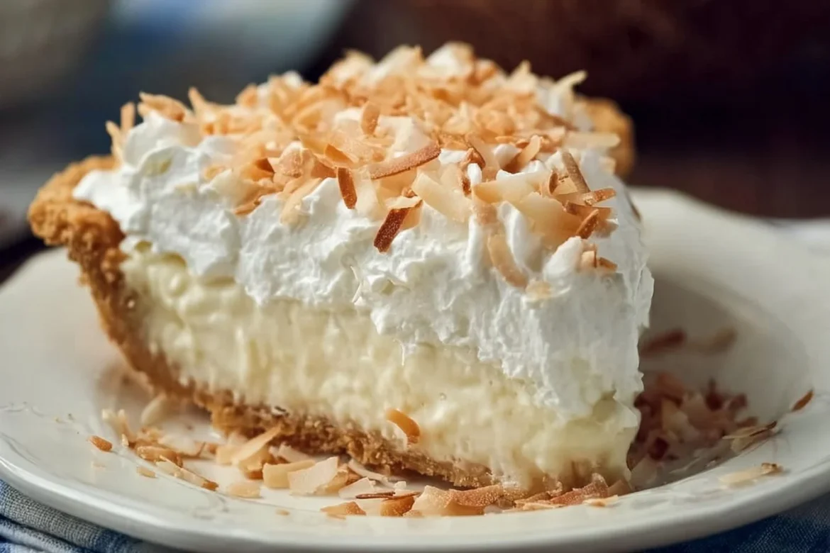 Slice of dreamy triple coconut cream pie topped with toasted coconut flakes