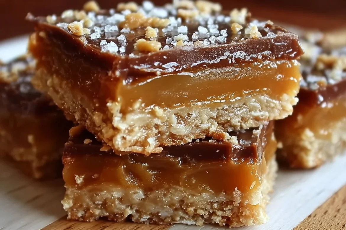 Delicious caramel crush bars with rich chocolate and caramel layers.