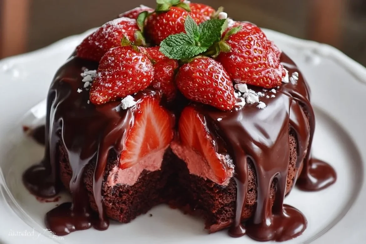 Indulgent strawberry chocolate shell cake with fresh strawberries and chocolate drizzle.