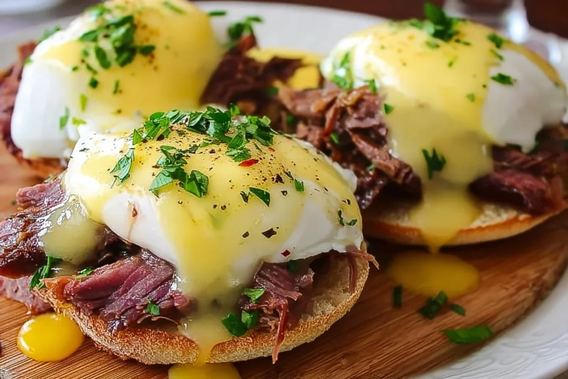 Irresistible brisket breakfast eggs benedict served on a plate