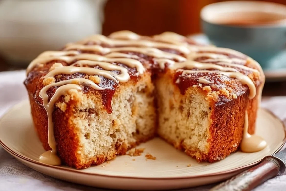 Delicious guava coffee cake topped with fresh guava slices and a crumbly crust.