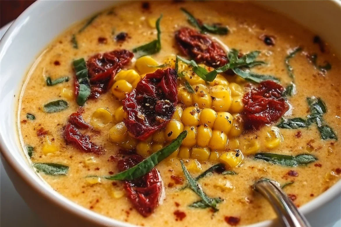 Delicious bowl of sun dried tomato corn chowder served for a cozy evening
