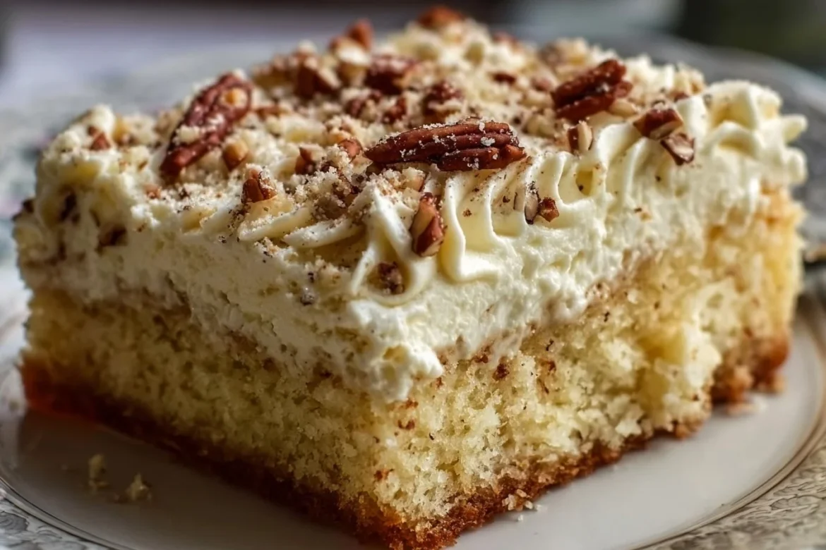 Italian Cream Sheet Cake with cream cheese frosting, coconut, and nuts