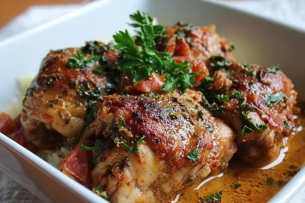 Delicious Italian Crockpot Chicken Thighs garnished with herbs
