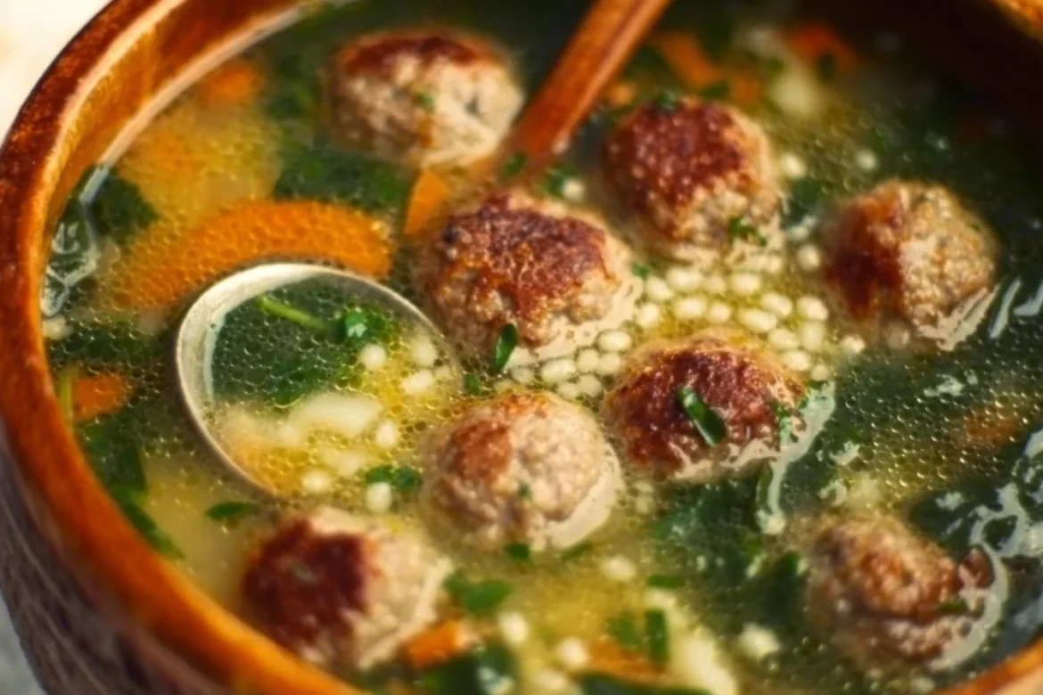 Bowl of Italian Wedding Soup with meatballs and fresh spinach