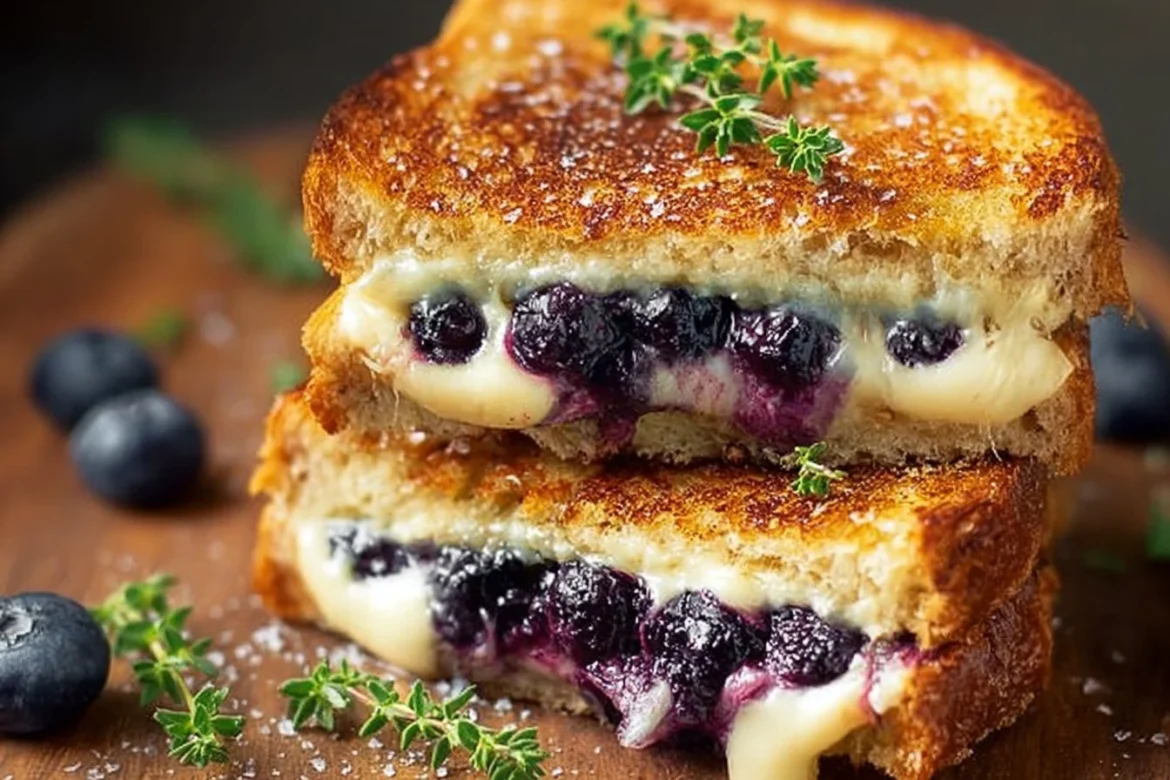 Juicy blueberry grilled cheese sandwich with melting cheese and fresh blueberries
