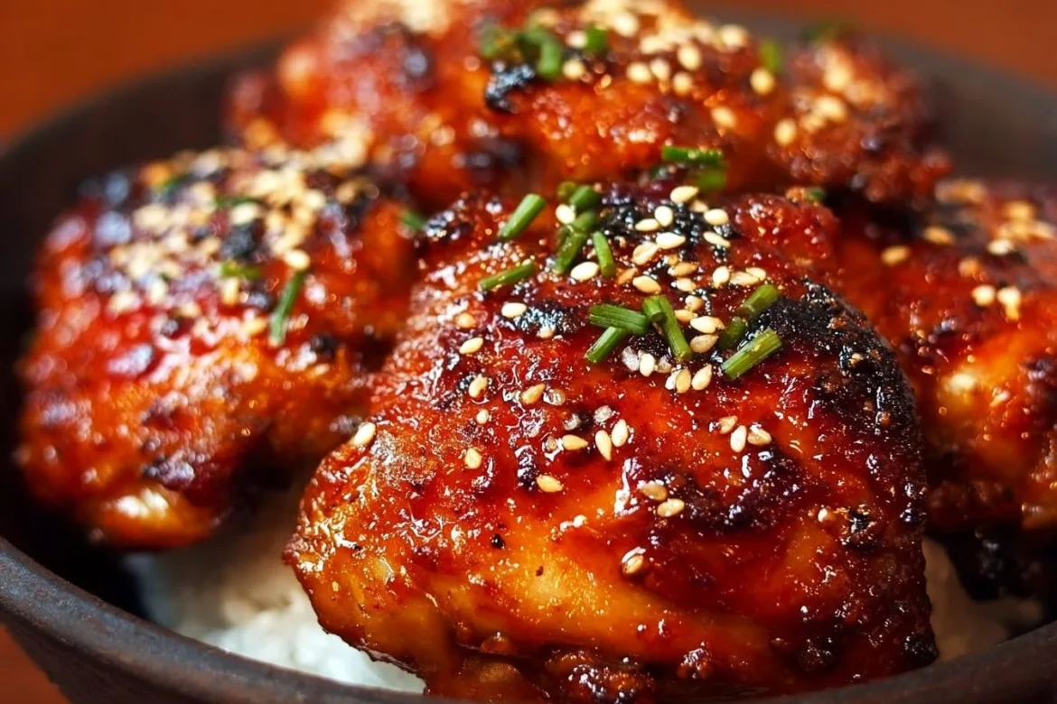 Delicious juicy Korean chicken thighs served with sauces and sides