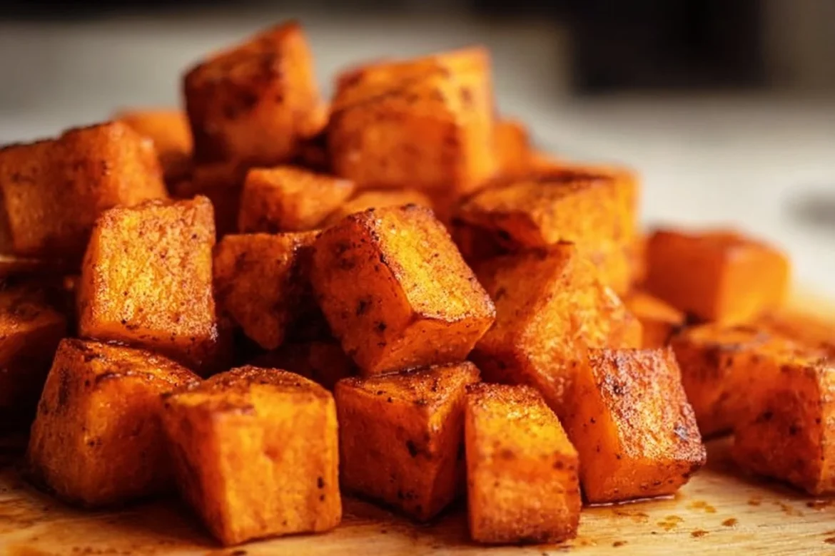 Juicy roasted sweet potato cubes served in a bowl
