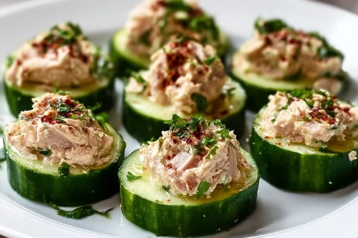 Keto Cucumber Bites with Tuna served on a plate, healthy low-carb snack