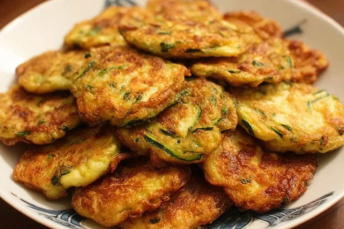 Korean Zucchini Fritters (Hobak Jeon) on a plate, garnished and ready to eat.