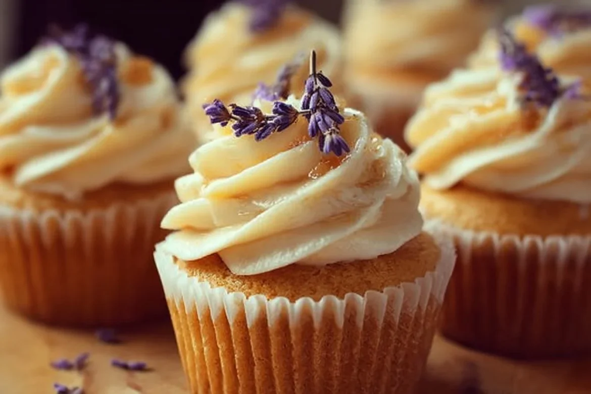 Lavender Honey Cupcakes topped with creamy frosting and edible flowers