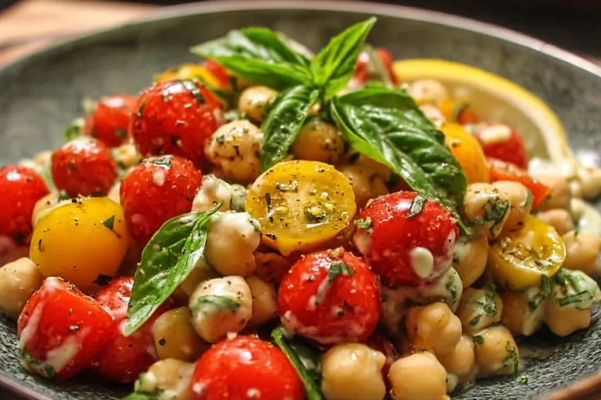 Lemon Basil Chickpea Salad garnished with fresh basil and lemon slices