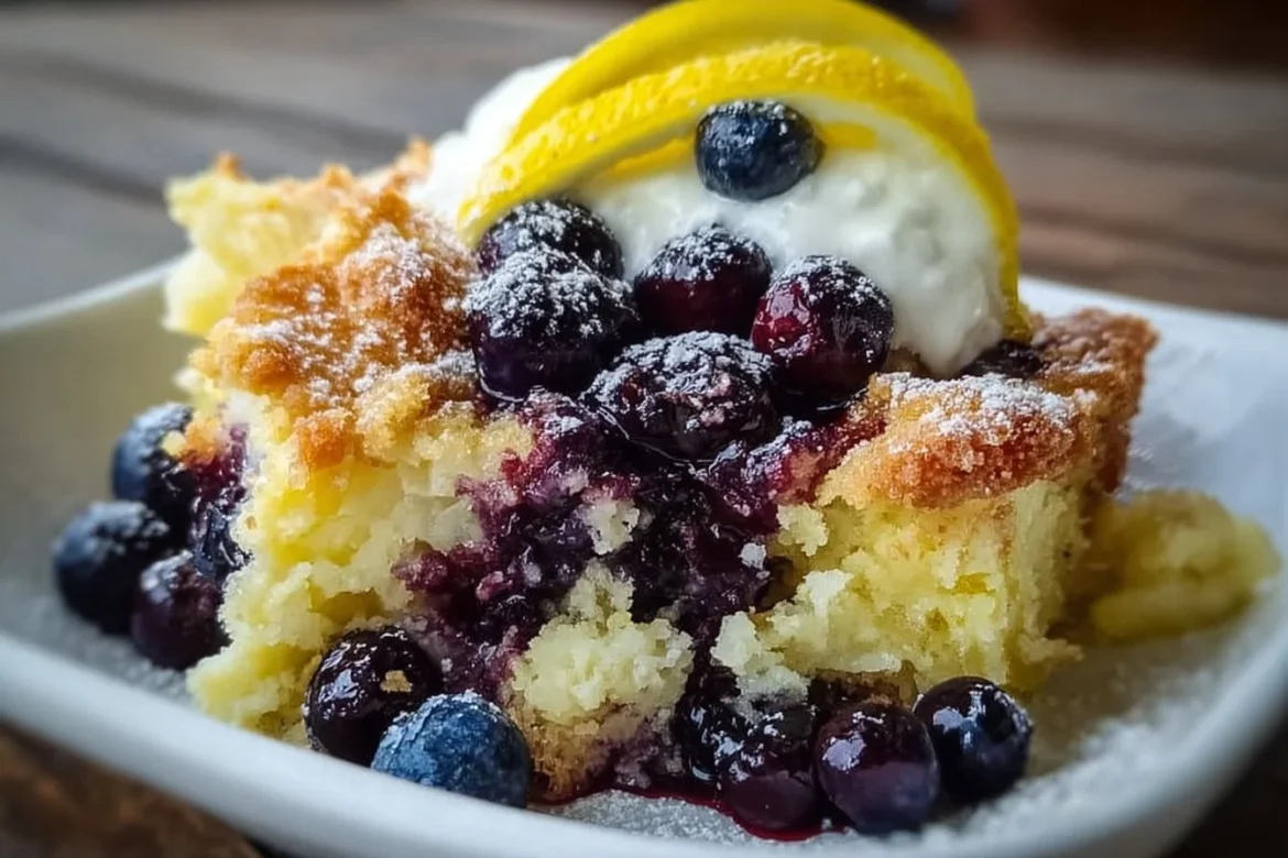 Lemon Blueberry Cheesecake Dump Cake topped with fresh blueberries