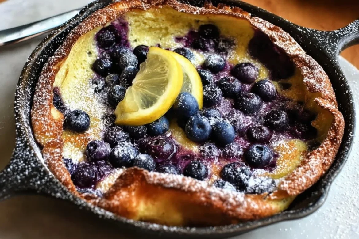 Lemon Blueberry Dutch Baby served with fresh blueberries and lemon slices