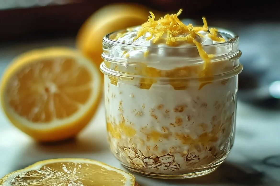 Delicious lemon cheesecake overnight oats topped with fresh fruit