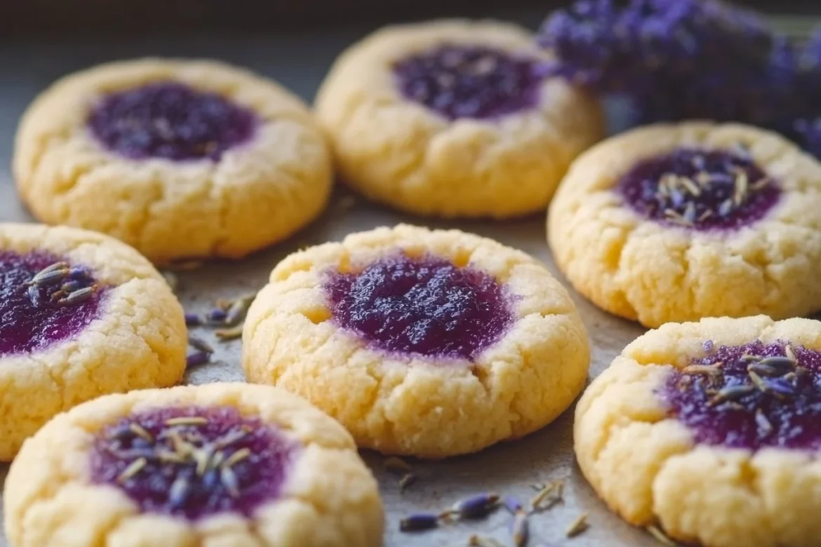 Lemon Lavender Thumbprint Cookies on a decorative plate