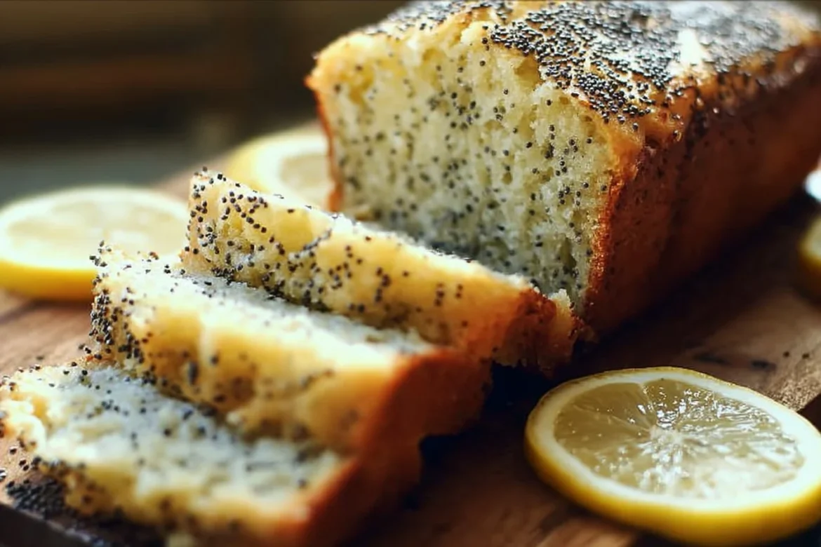 Loaf of homemade lemon poppy seed bread fresh out of the oven