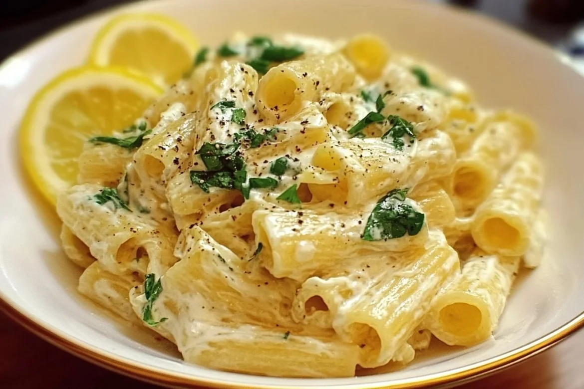 Bowl of creamy Lemon Ricotta Pasta topped with lemon zest and fresh herbs.
