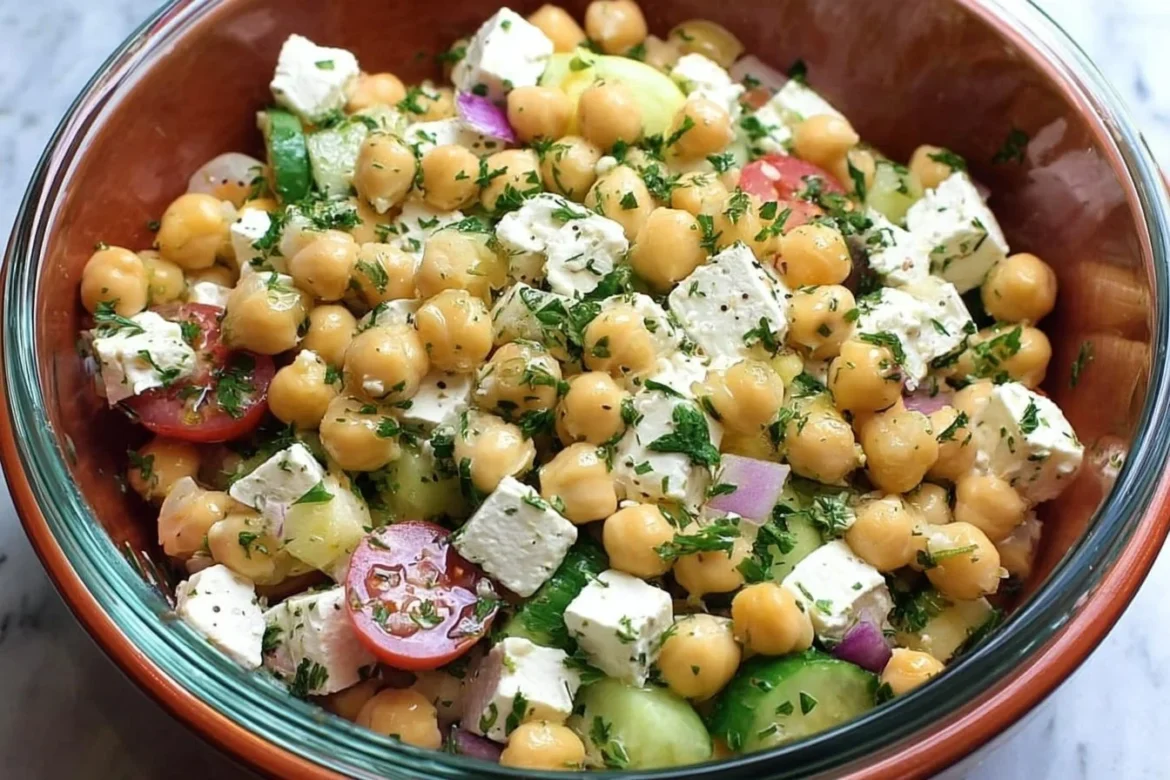 Bowl of Lemony Chickpea Feta Salad with fresh vegetables and feta cheese