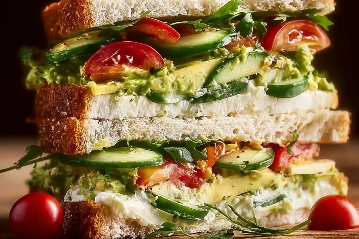 Delicious loaded cucumber and avocado sandwich with fresh ingredients