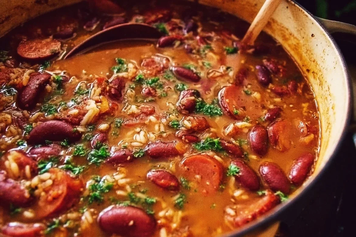 Delicious Louisiana red beans and rice served in a bowl with sausage and seasonings.
