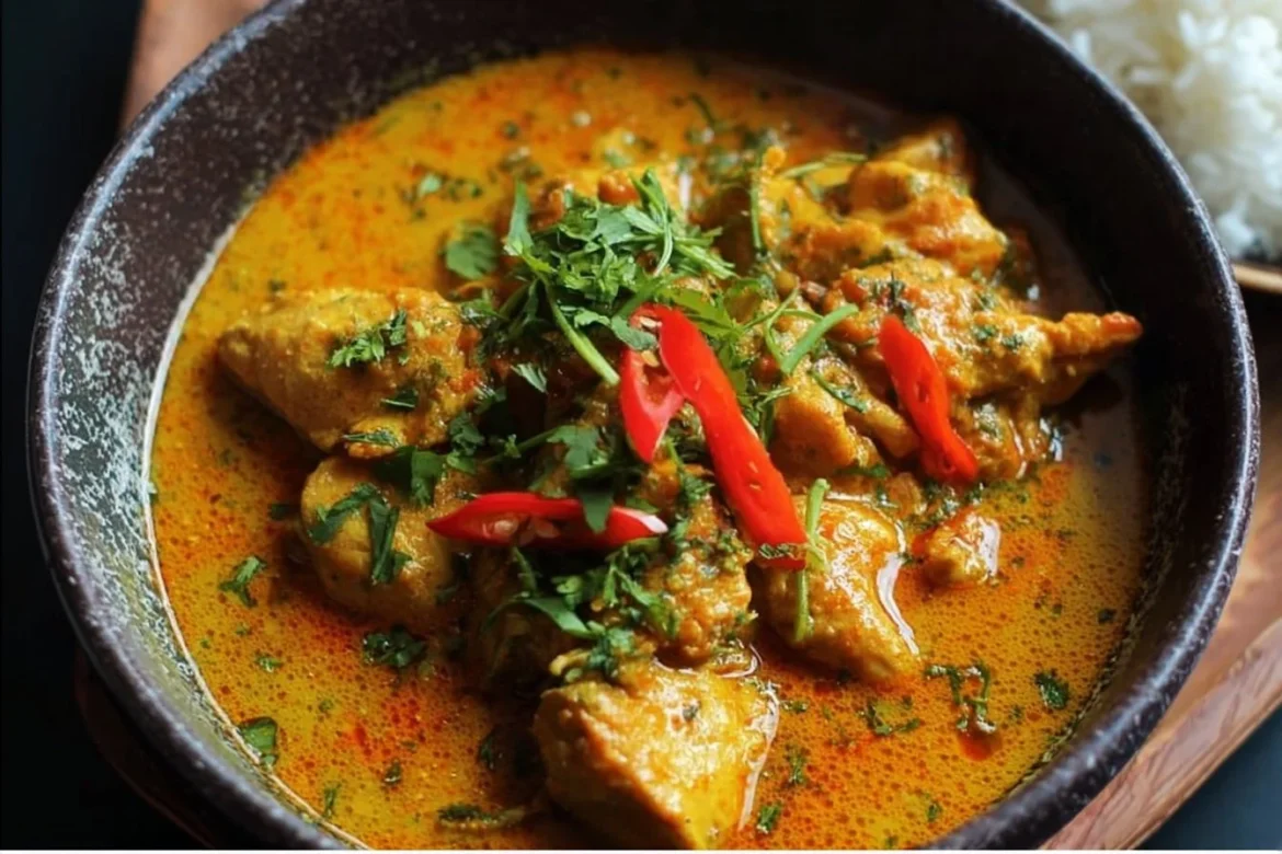 Delicious Mango Chicken Curry served in a bowl with garnishes.