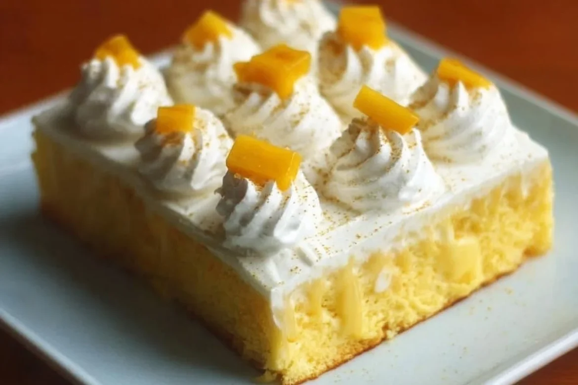 Mango Lassi Three Milks Cake topped with fresh mango slices and whipped cream