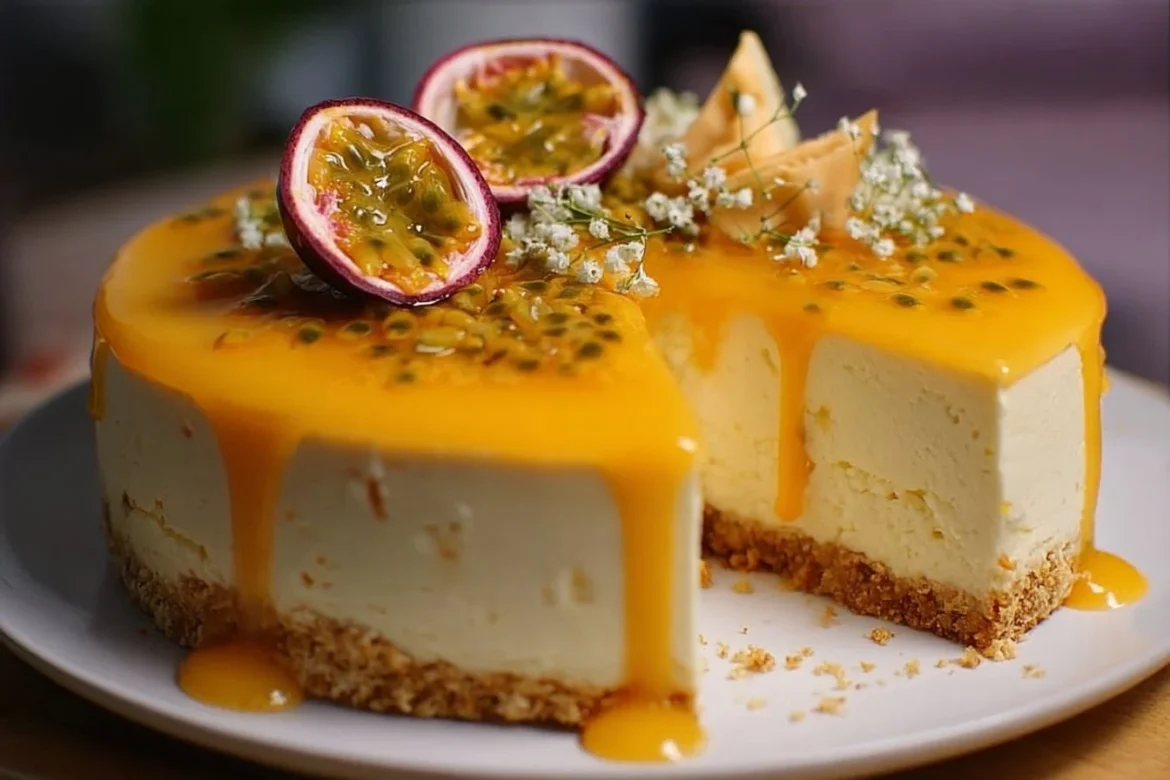 Delicious mango passionfruit cheesecake cake topped with fresh fruit