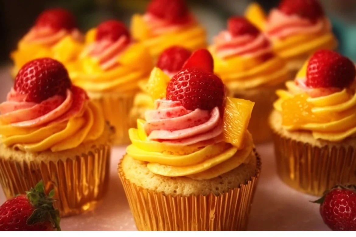 Delicious Mango Strawberry Cupcakes topped with vibrant frosting